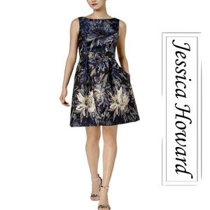 Jessica Howard Navy w/ Gold Floral Brocade Sleeveless Boat Neck Fit Flare Dress